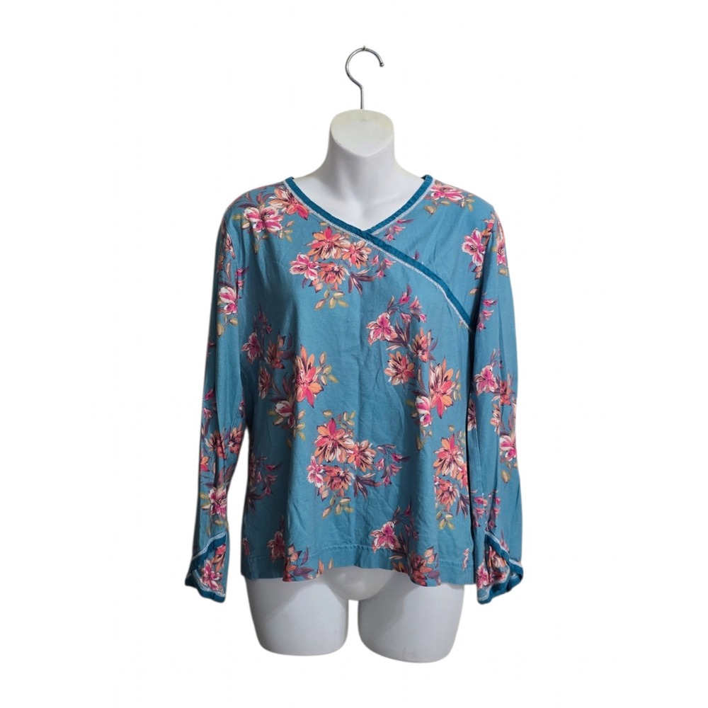 Garnet Hill Asian Wrap Organic Cotton Pajama Top In Blue Floral Sz S